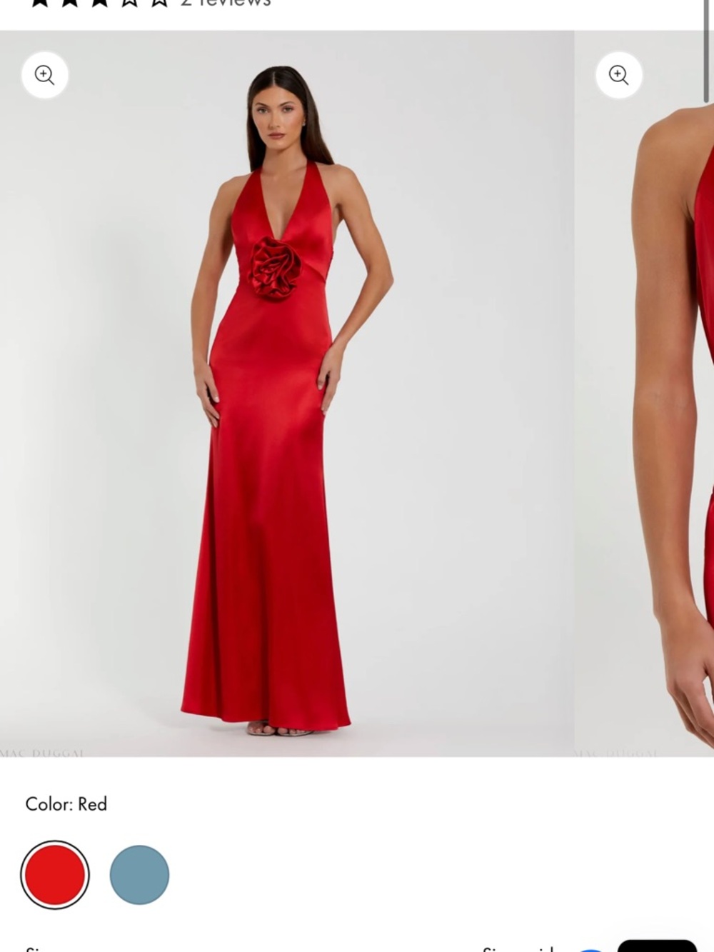 Mac Duggal Red Satin Halter Maxi with Rosette Waist